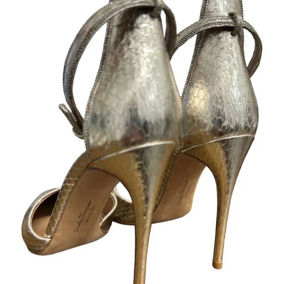 Salvatore Ferragamo Silver Ankle Strap Leather Stiletto PumpsUS Size 6.5